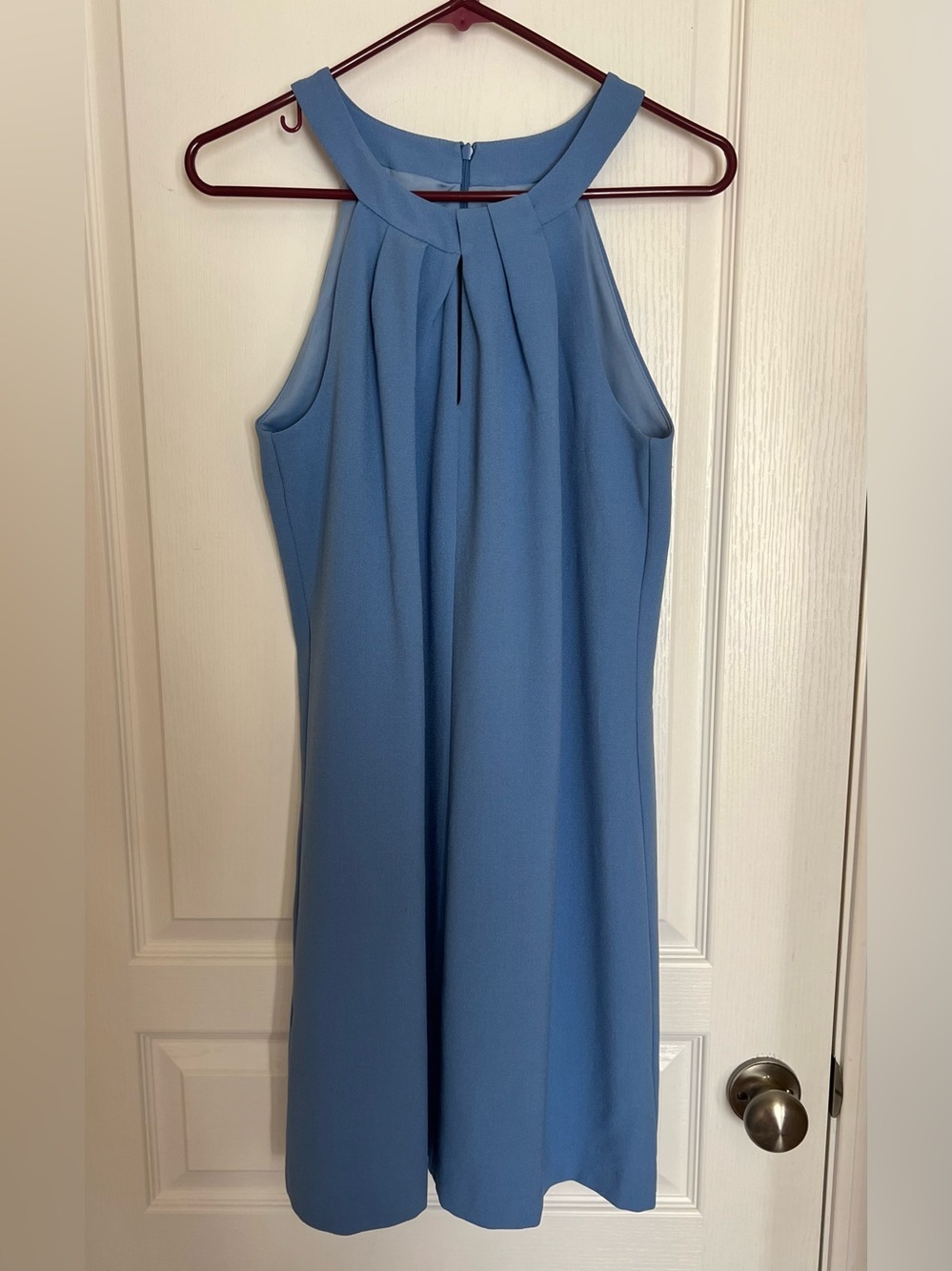 Elegant Blue Pleated Halter Neck Shift Dress - High Neck Cocktail/Wedding Guest